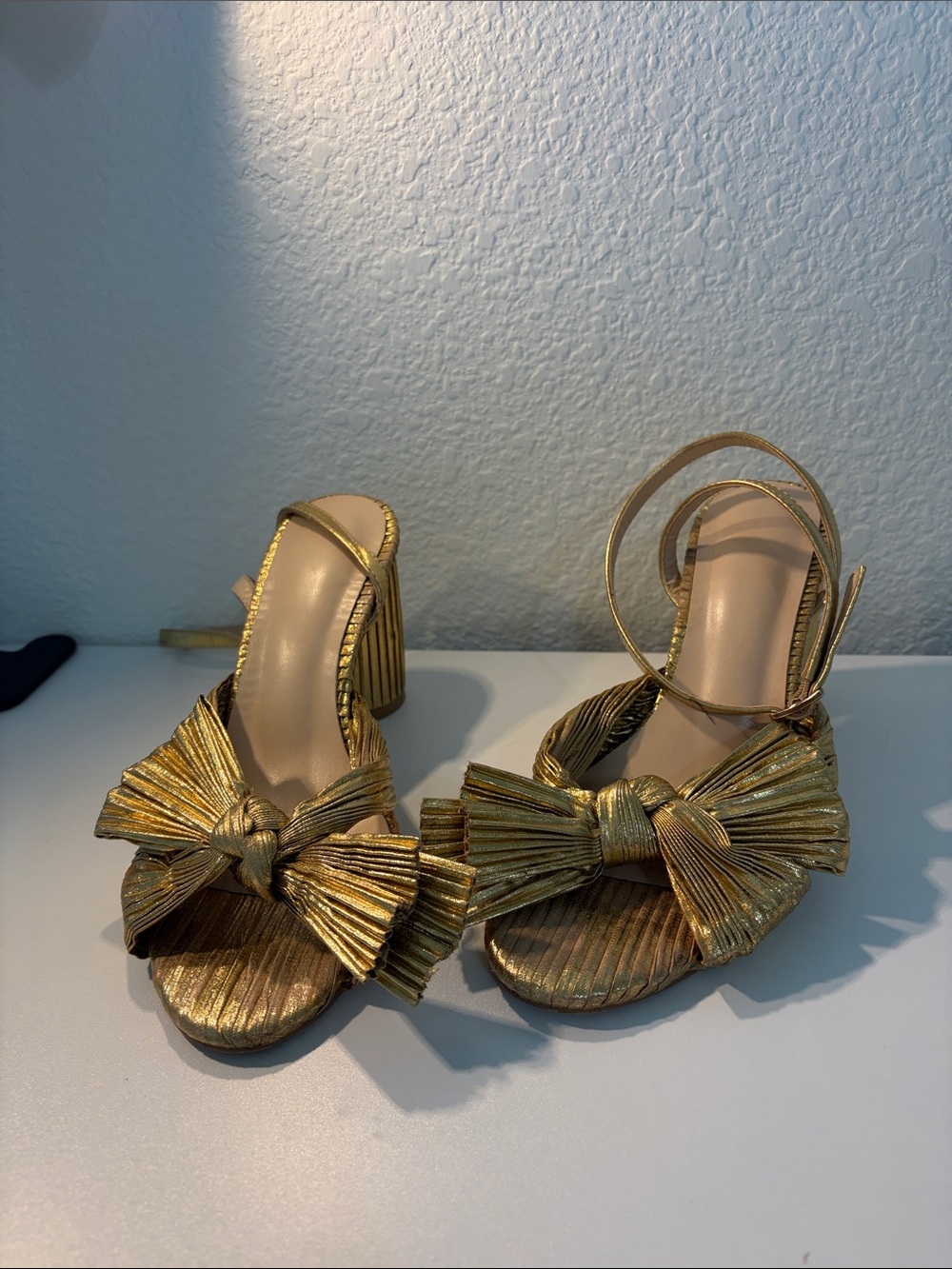 Metallic Gold Bow Block-Heel Sandals for Women